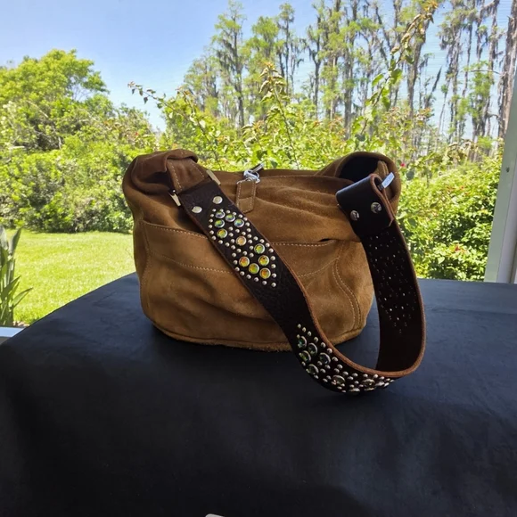 Y2K Boho Chic Vintage Tylie Malibu Suede Hobo Bag w/ Crystal Strap - Picture 8 of 8